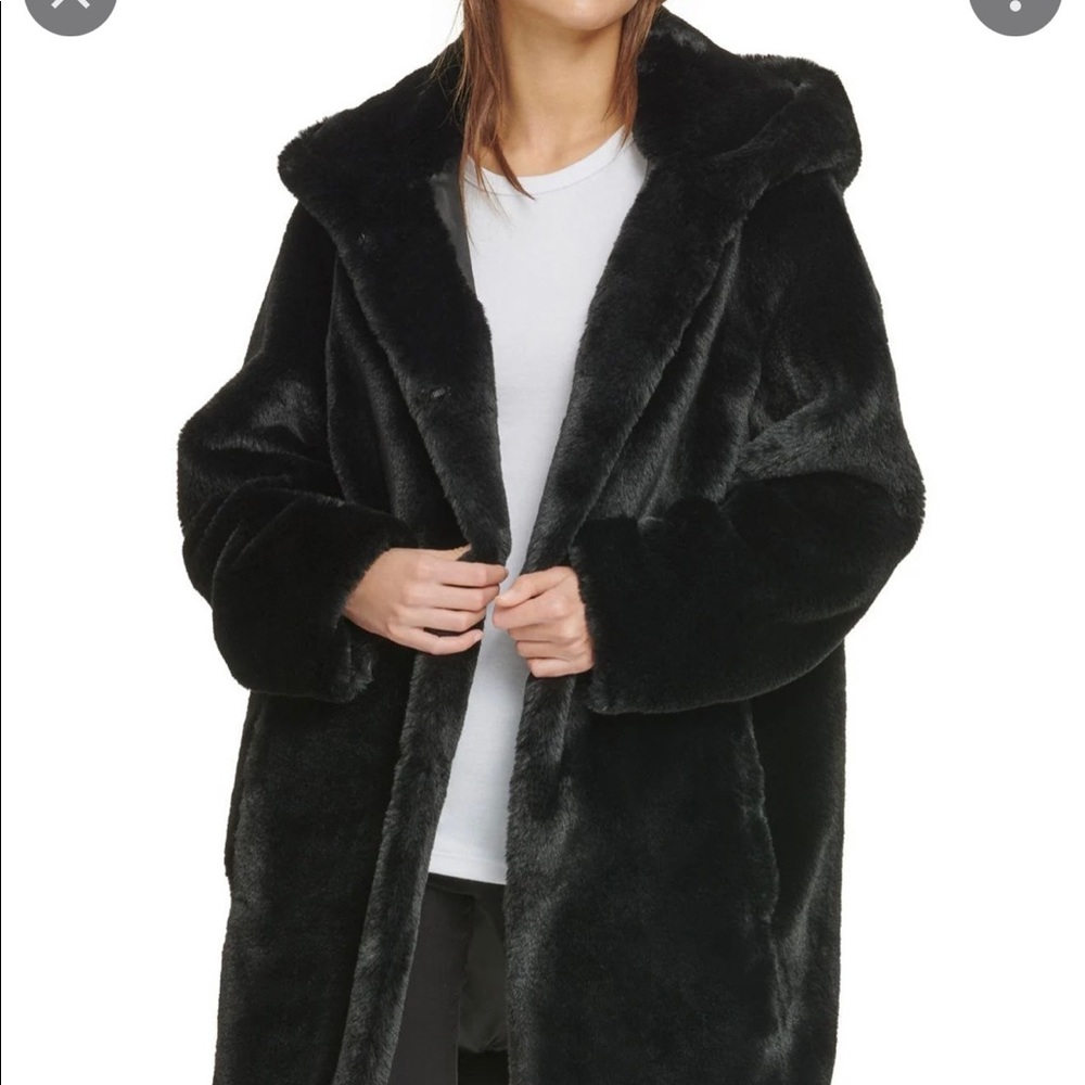 NWOT Black faux fur DKNY hooded coat